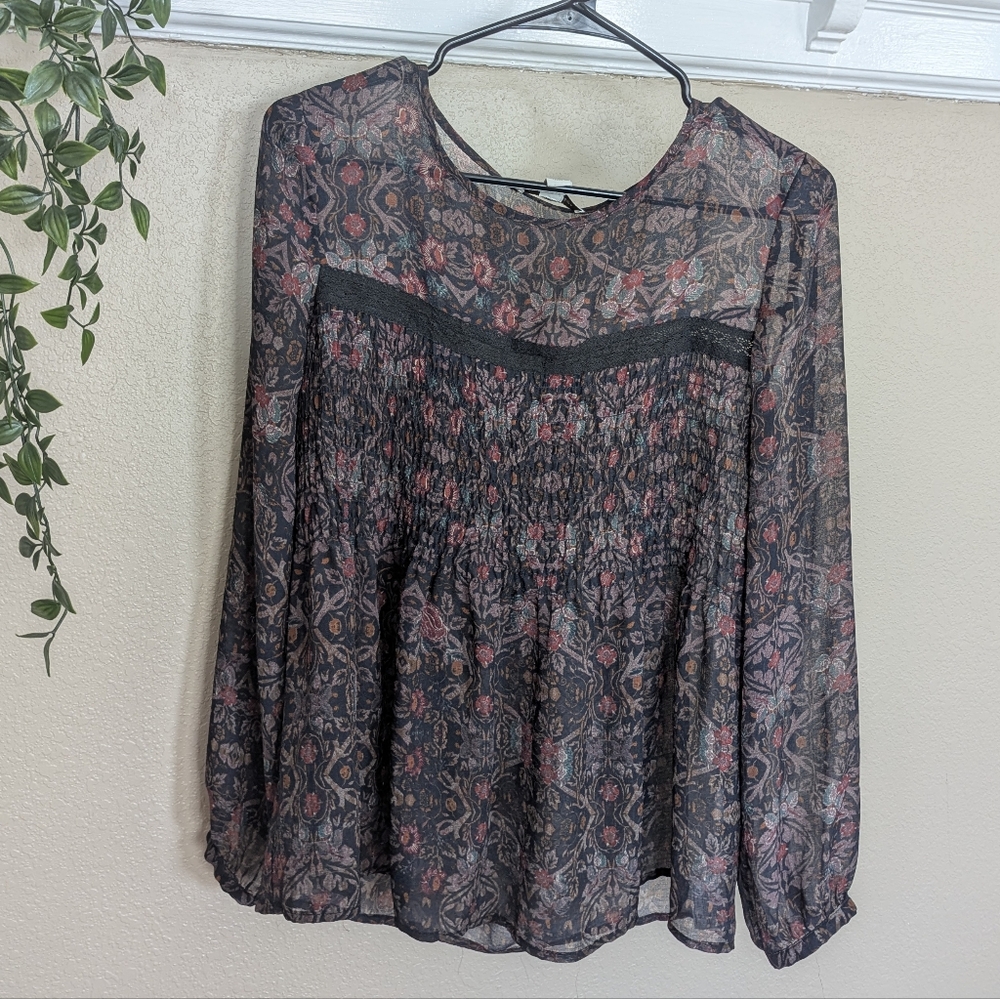 Vintage America Black Floral Polyester Long Sleeve Top